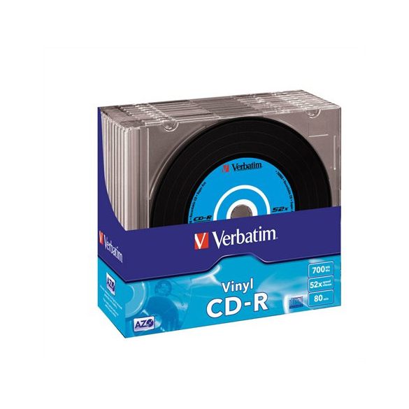 CD-R lemez, bakelit lemez-szerű felület, AZO, 700MB, 52x, 10 db, vékony tok, VERBATIM "Vinyl"