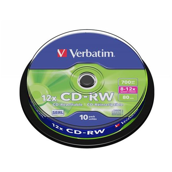 CD-RW lemez, újraírható, SERL, 700MB, 8-10x, 10 db, hengeren VERBATIM