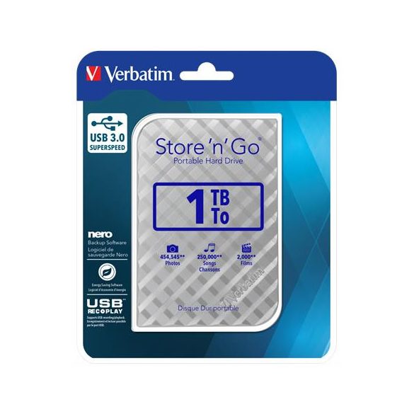 2,5" HDD (merevlemez), 1TB, USB 3.0, VERBATIM "Store n Go", ezüst