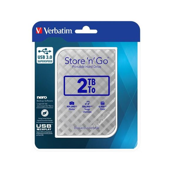 2,5" HDD (merevlemez), 2TB, USB 3.0, VERBATIM "Store n Go", ezüst