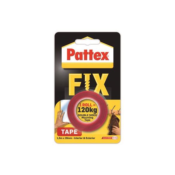 Ragasztószalag, kétoldalas, 19 mm x 1,5 m, HENKEL "Pattex Fix 120 kg", piros