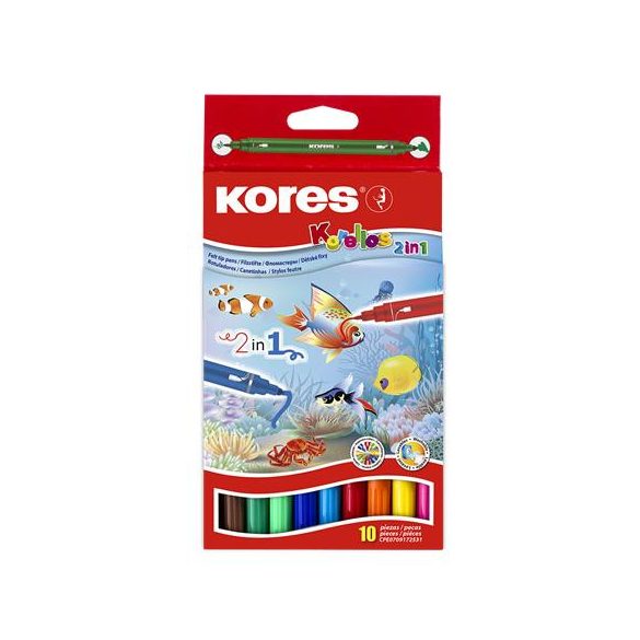 Filctoll készlet, 1-3 mm, kimosható, KORES "Korellos 2in1", 10 különböző szín