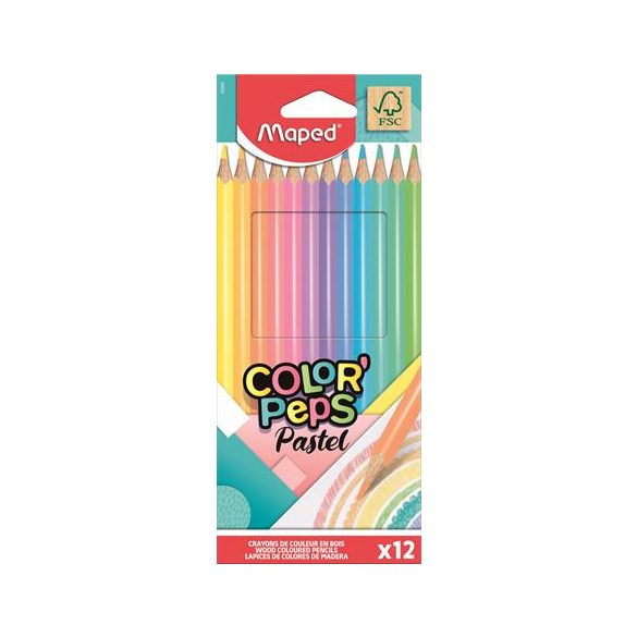 Színes ceruza készlet, háromszögletű, MAPED "Color'Peps Pastel", 12 különböző pasztell szín