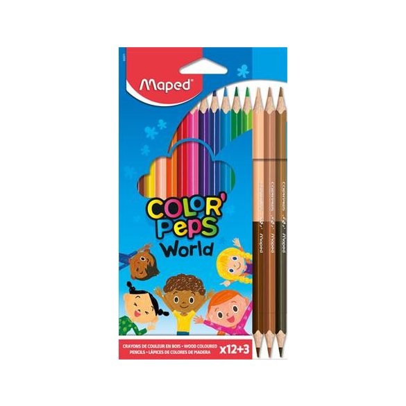 Színes ceruza készlet, háromszögletű, MAPED "Color'Peps World", 12 különböző szín + 3 kétvégű bőrtónus ceruza