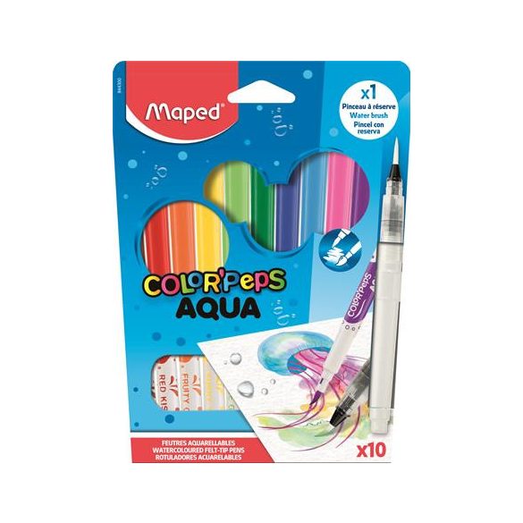 Akvarell filctoll készlet, 3,6 mm, ecsettel, MAPED "Color'Peps Aqua", 10 különböző szín