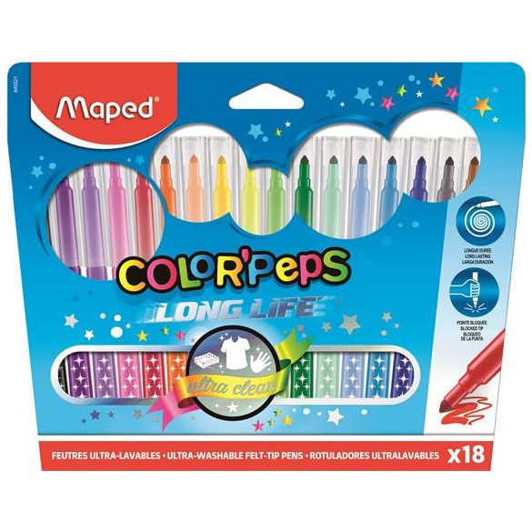 Filctoll készlet, mosható, MAPED "Color'Peps Long Life", 18 különböző szín