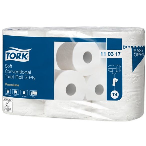 Toalettpapír, T4 rendszer, 3 rétegű, 12 cm átmérő, Premium, TORK "Soft", fehér