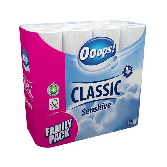 Toalettpapír, 3 rétegű, kistekercses, 32 tekercs, OOOPS "Classic", sensitive