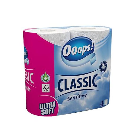 Toalettpapír, 3 rétegű, kistekercses, 4 tekercs, OOOPS "Classic", sensitive