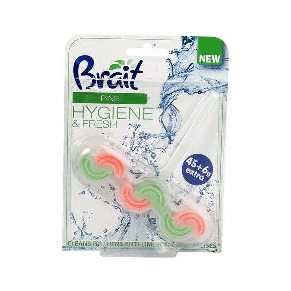 WC tisztító blokk, 2 fázisú, 45 g, "Brait Hygiene and fresh", fenyő