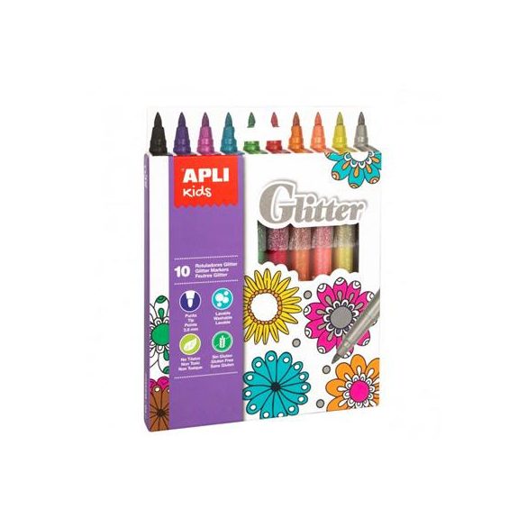 Filctoll készlet, 3,8 mm, csillámos, APLI Kids "Markers Glitter", 10 különböző szín