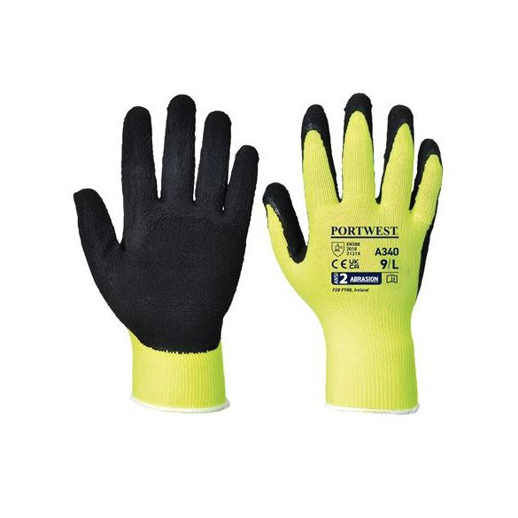 Védőkesztyű, nylon, latexhab, tenyerén mártott, M méret "Hi-Vis Grip", sárga