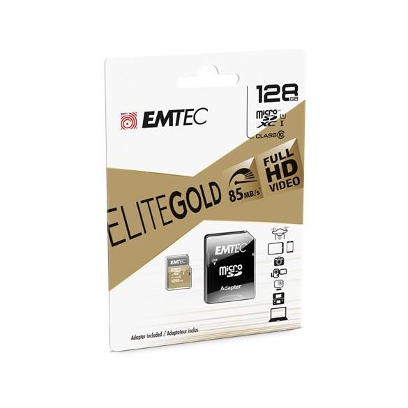 Memóriakártya, microSDXC, 128GB, UHS-I/U1, 85/20 MB/s, adapter, EMTEC "Elite Gold"