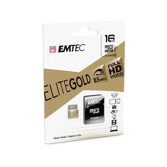 Memóriakártya, microSDHC, 16GB, UHS-I/U1, 85/20 MB/s, adapter, EMTEC "Elite Gold"