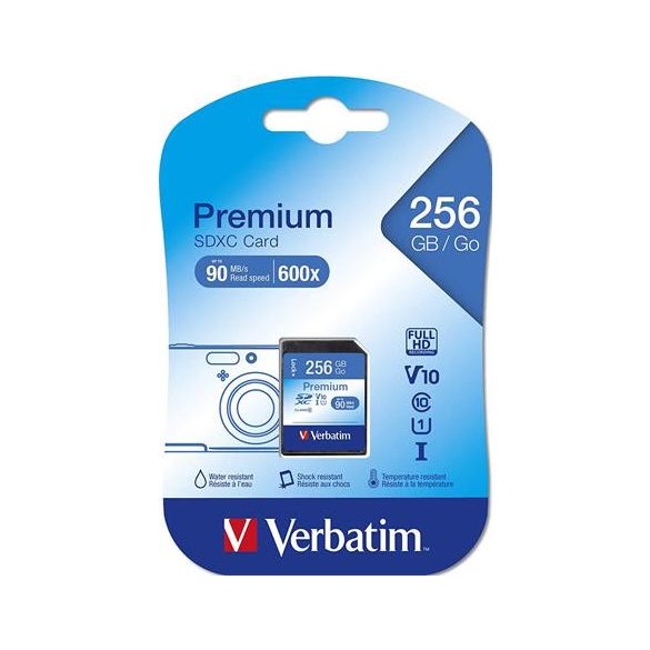 Memóriakártya, microSDXC, 256GB CL10/U1, 90/10 MB/s, adapter, VERBATIM "Premium"