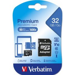   Memóriakártya, microSDHC, 32GB, CL10/U1, 90/10 MB/s, adapter, VERBATIM "Premium"