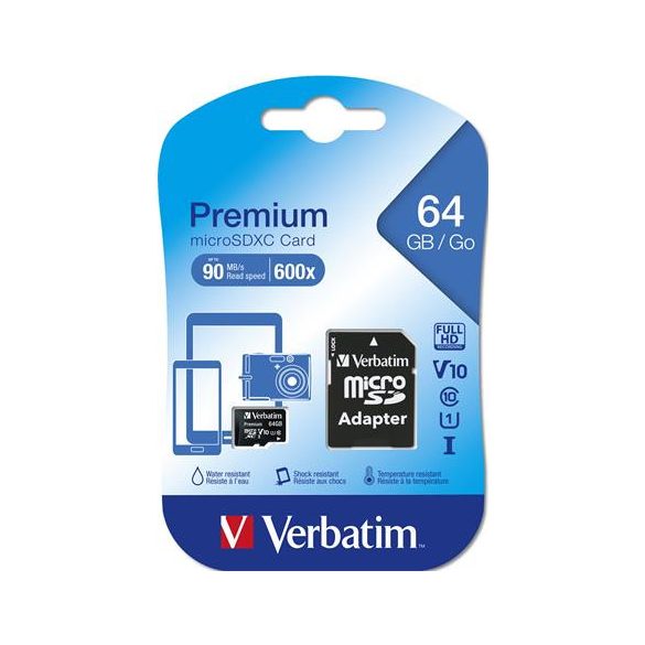 Memóriakártya, microSDXC, 64GB, CL10/U1, 90/10 MB/s, adapter, VERBATIM "Premium"