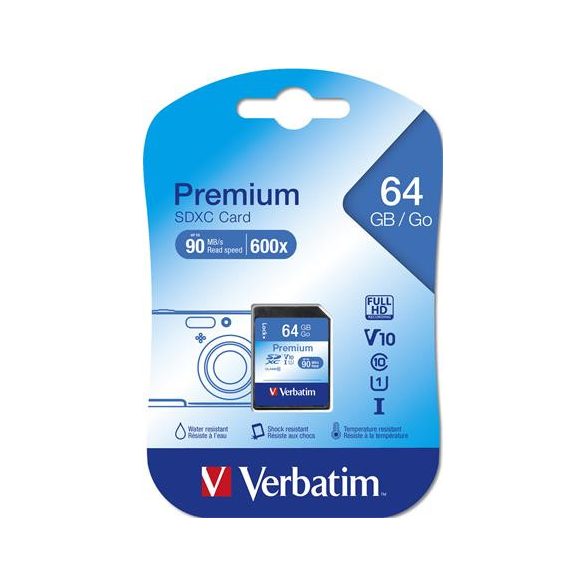 Memóriakártya, SDXC, 64GB, CL10/U1, 90/10 MB/s, VERBATIM "Premium"