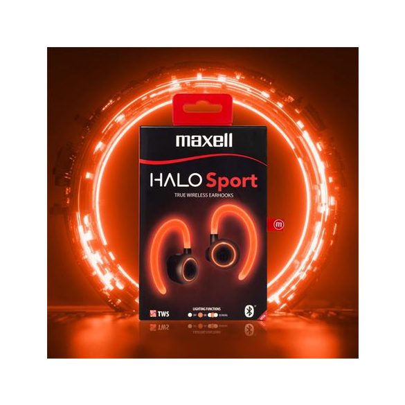 Fülhallgató, vezeték nélküli, Bluetooth, mikrofonnal, LED-es fülhallgató, MAXELL "Halo Sport", fekete