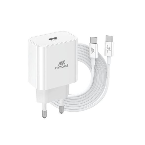 Hálózati töltő, 20W, USB-C, USB-C, USB-C/USB-C töltőkábel, RIVACASE "PS4101", fehér