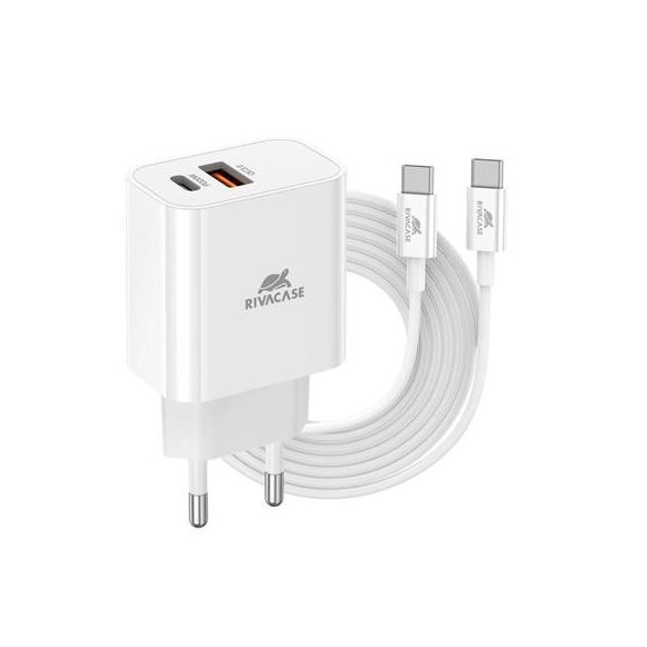 Hálózati töltő, 20W, USB-A és USB-C, USB-C, USB-C/USB-C töltőkábel, RIVACASE "PS4102", fehér