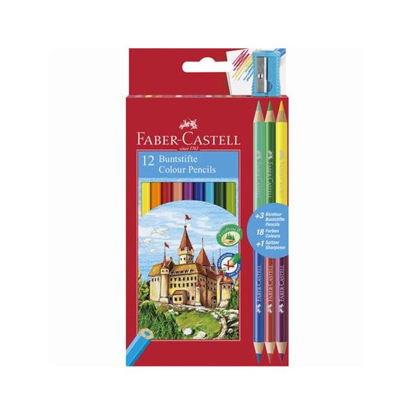 Színes ceruza készlet, hatszögletű, FABER-CASTELL, 12 különböző szín + 3 db bicolor ceruza