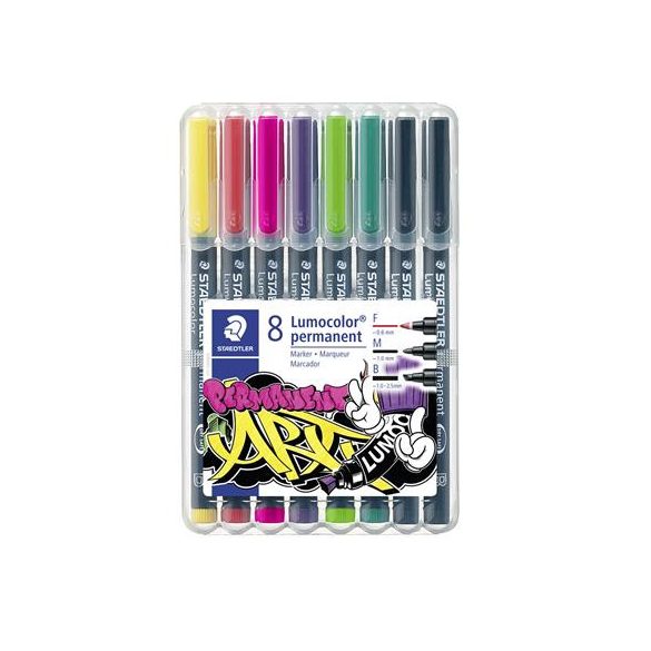 Alkoholos marker vegyes készlet, OHP, STAEDTLER "Lumocolor® 31", 8 különböző szín, 3-féle vonalvastagság