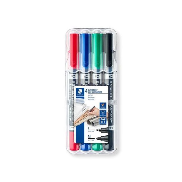 Alkoholos marker készlet, 0,6/1,5 mm, kúpos, kétvégű, STAEDTLER "Lumocolor® duo 348", 4 különböző szín