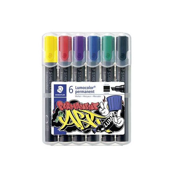 Alkoholos marker készlet, 2-5 mm, vágott, STAEDTLER "Lumocolor® 350", 6 különböző szín