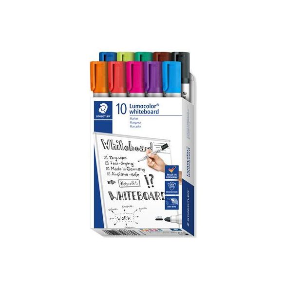 Táblamarker készlet, 2 mm, kúpos, STAEDTLER "Lumocolor® 351", 10 különböző szín