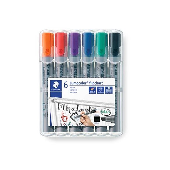 Flipchart marker készlet, 2-5 mm, vágott, STAEDTLER "Lumocolor 356 B", 6 különböző szín