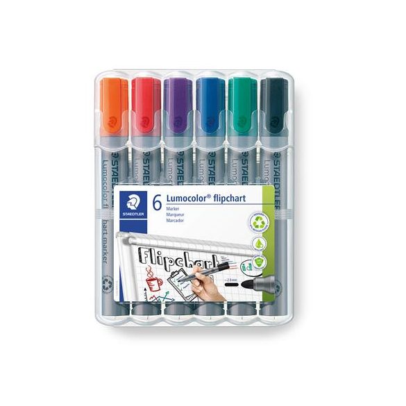 Flipchart marker készlet, 2 mm, kúpos, STAEDTLER "Lumocolor 356", 6 különböző szín