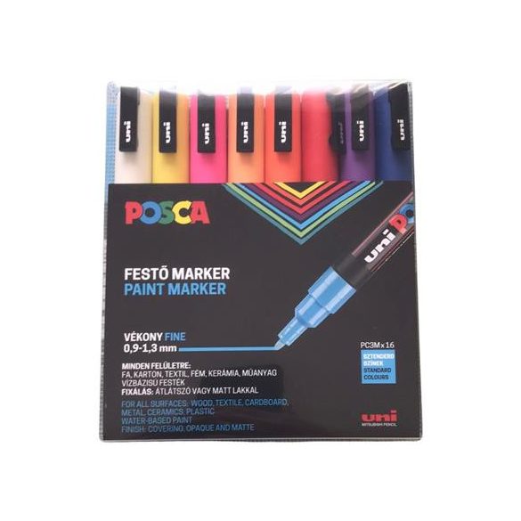 Dekormarker készlet, 0,9-1,3 mm, UNI "Posca PC-3M", 16 különböző szín