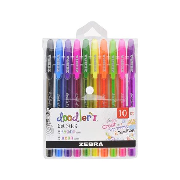 Zseléstoll készlet, 0,33 mm, kupakos, ZEBRA "Doodler'z Neon & Fashion", 10 vegyes szín