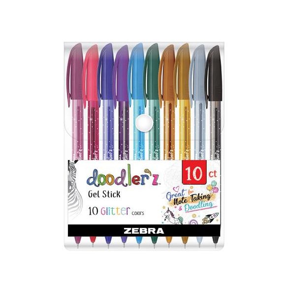 Zseléstoll készlet, 0,33 mm, kupakos, ZEBRA "Doodler'z Glitter", 10 csillogó vegyes szín