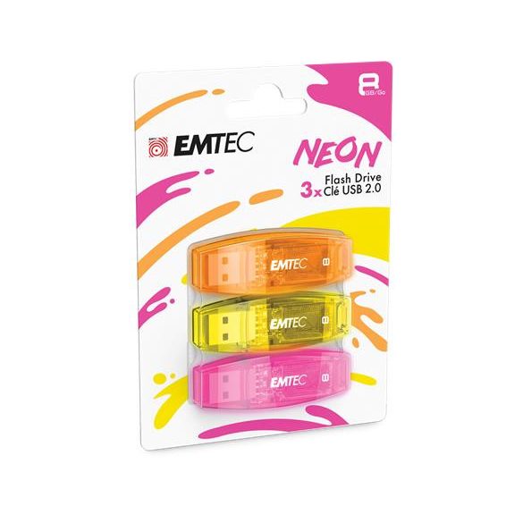 Pendrive, 8GB, 3 db, USB 2.0, EMTEC "C410 Neon", narancs, citromsárga, rózsaszín