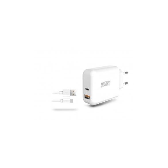 Hálózati töltő, 1xUSB-A (18W), 1xUSB-C (45W), USB-A–USB-C kábel, URBAN FACTORY