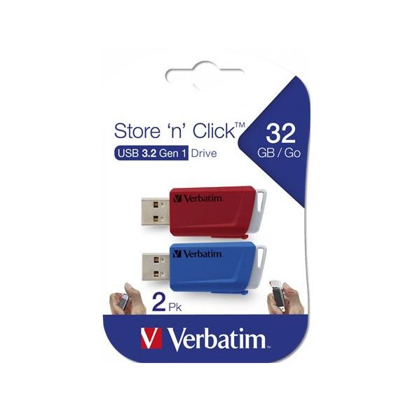 Pendrive, 2 x 32GB, USB 3.2, 80/25MB/sec, VERBATIM "Store n Click", piros, kék