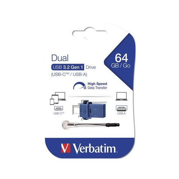 Pendrive, 64GB, USB 3.2+USB-C adapter, VERBATIM "Dual"