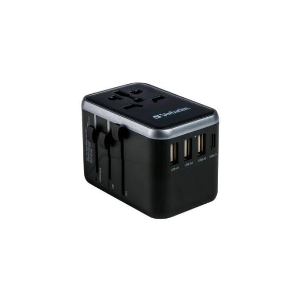 Utazó adapter, univerzális, USB-A(QC 3.0)/USB-C(PD61W)2xUSB, VERBATIM "UTA-04"